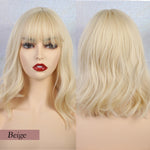 JONRENAU High Quality Short Natural Wave Hair Synthetic Wigs with Neat Bangs for Women Pink Beige Brown 3 Colors for Choose