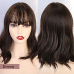 JONRENAU High Quality Short Natural Wave Hair Synthetic Wigs with Neat Bangs for Women Pink Beige Brown 3 Colors for Choose