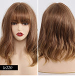 JONRENAU High Quality Short Natural Wave Hair Synthetic Wigs with Neat Bangs for Women Pink Beige Brown 3 Colors for Choose