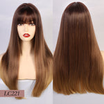 Element 18" Long Synthetic Wig with Bangs Dark Root Ombre Color Natural Headline Heat Resistant Hair Wigs for Women